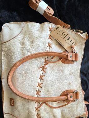 Bed Stu Bruna Tan and Cream Leather Shoulder Bag with Laced Detail